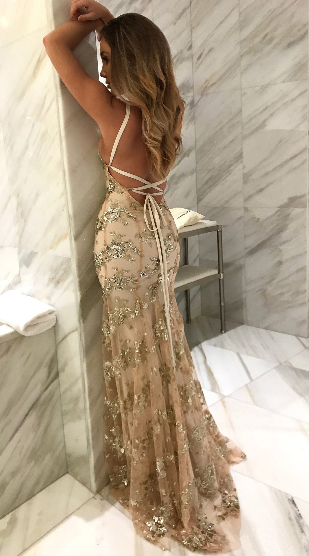 Mermaid Maxi Dress with Sequin Embellishment and Criss-Cross Back
