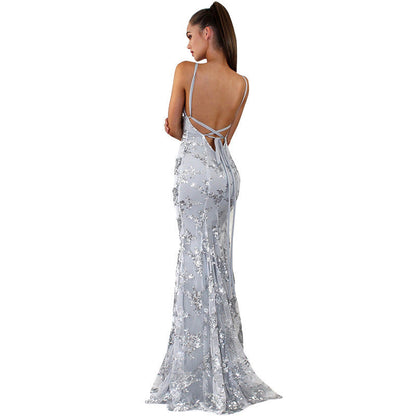 Mermaid Maxi Dress with Sequin Embellishment and Criss-Cross Back