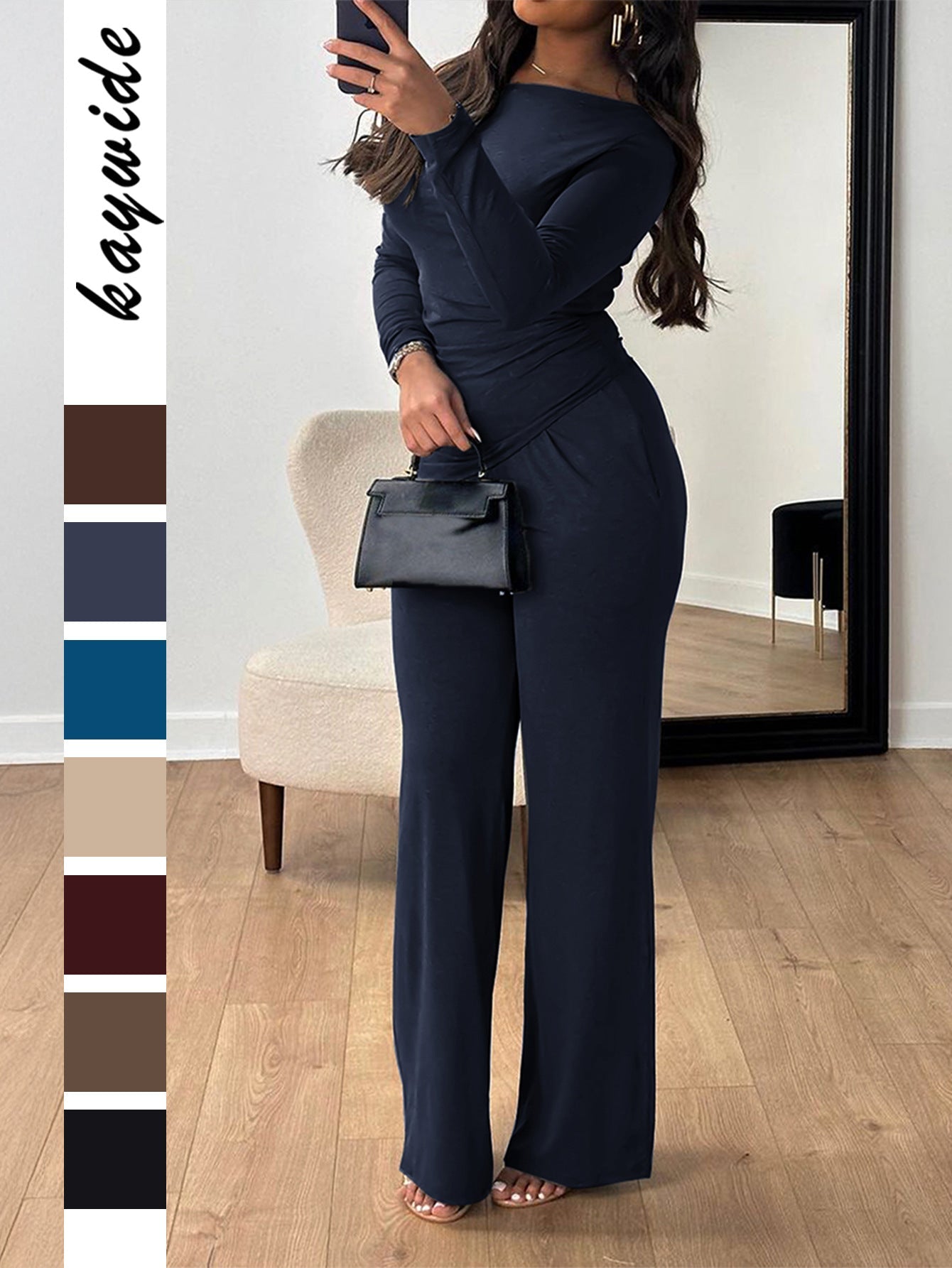 Solid Long-Sleeve Top with Ruched Waist & Wide-Leg Pants Set
