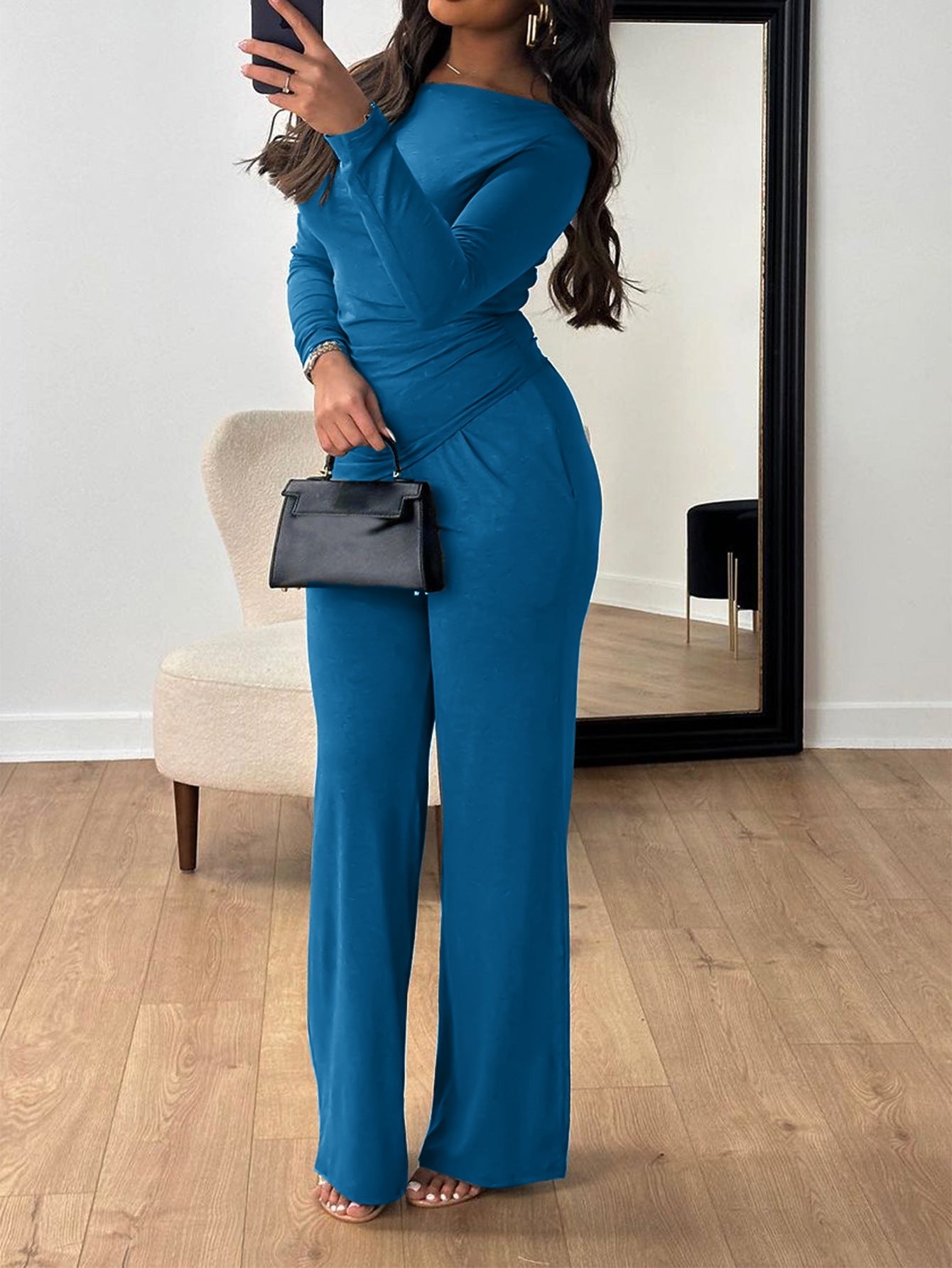 Solid Long-Sleeve Top with Ruched Waist & Wide-Leg Pants Set