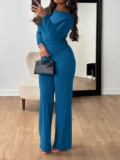 Solid Long-Sleeve Top with Ruched Waist & Wide-Leg Pants Set