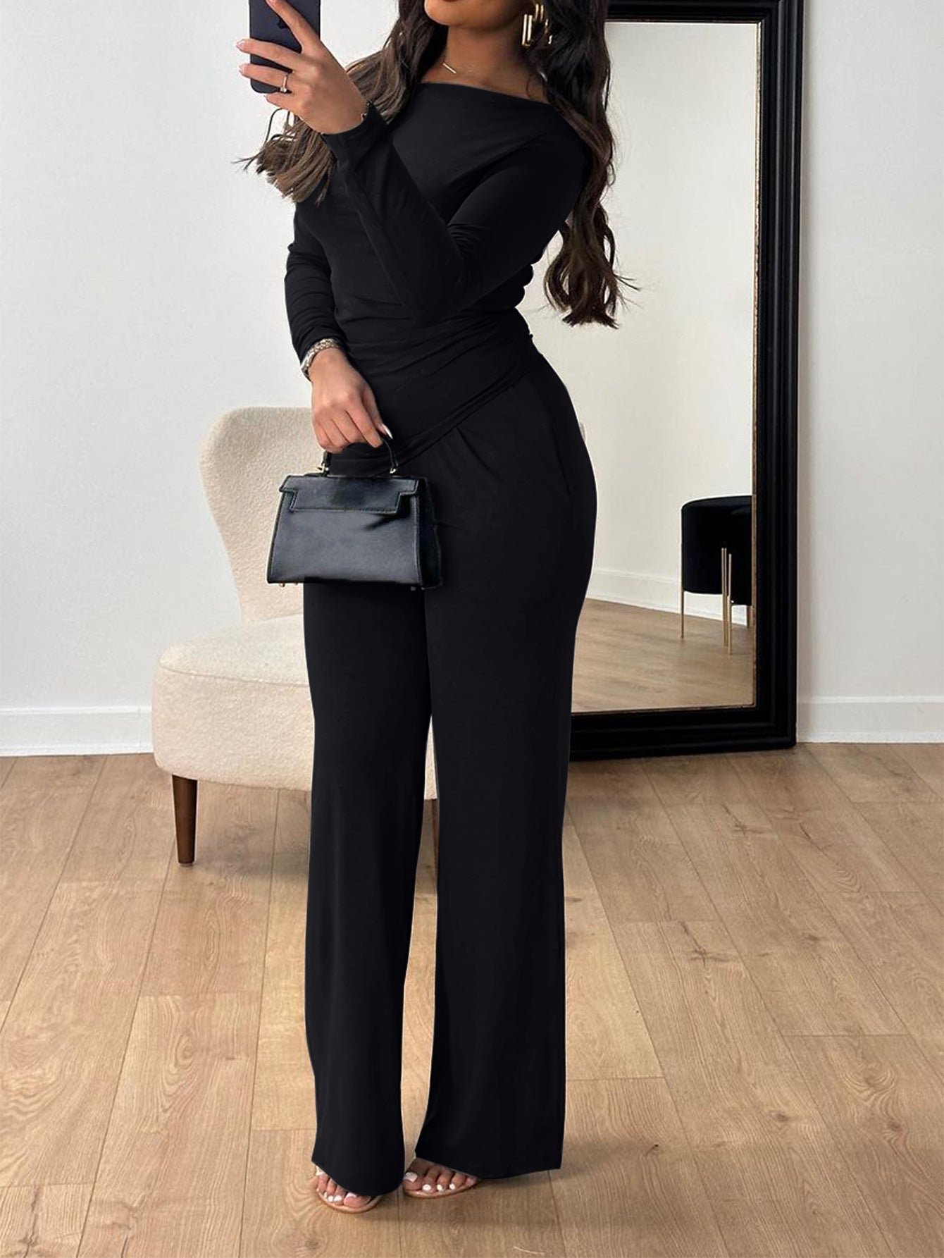 Solid Long-Sleeve Top with Ruched Waist & Wide-Leg Pants Set