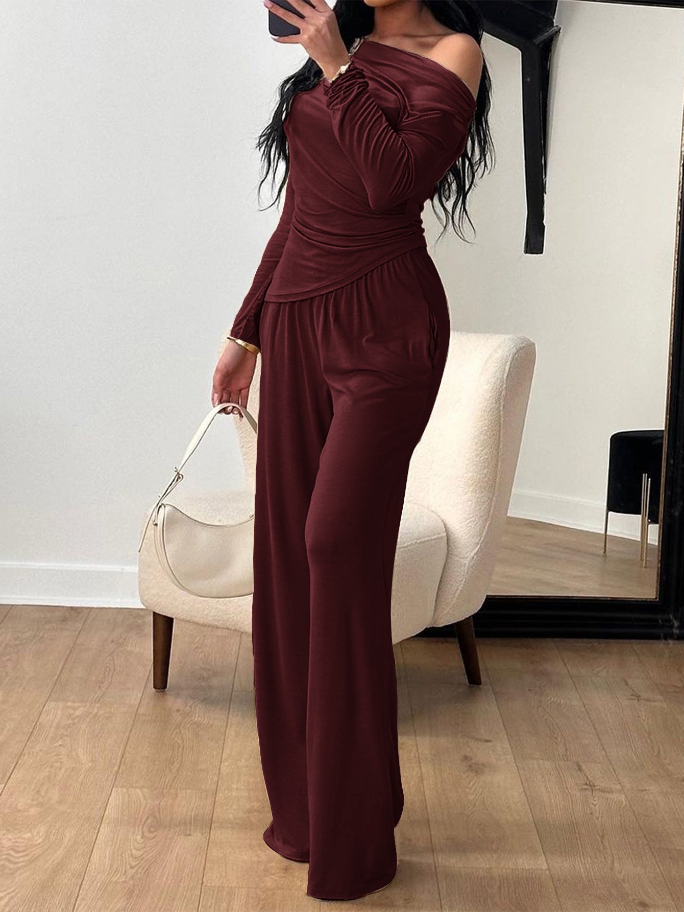 Solid Long-Sleeve Top with Ruched Waist & Wide-Leg Pants Set