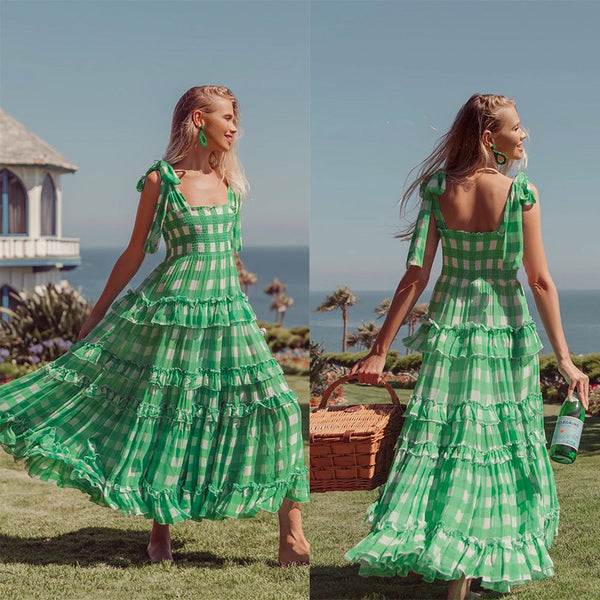 Gingham Maxi Dress with Shirred Bodice and Tie Straps