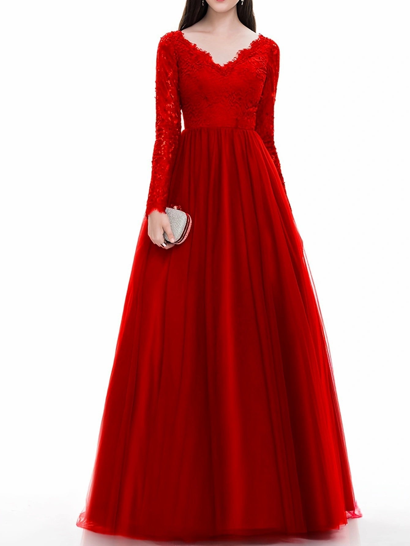 Red A-Line Maxi Dress with Lace V-Neck and Long Sleeves