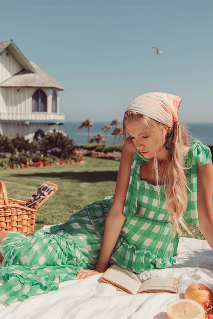 Gingham Maxi Dress with Shirred Bodice and Tie Straps
