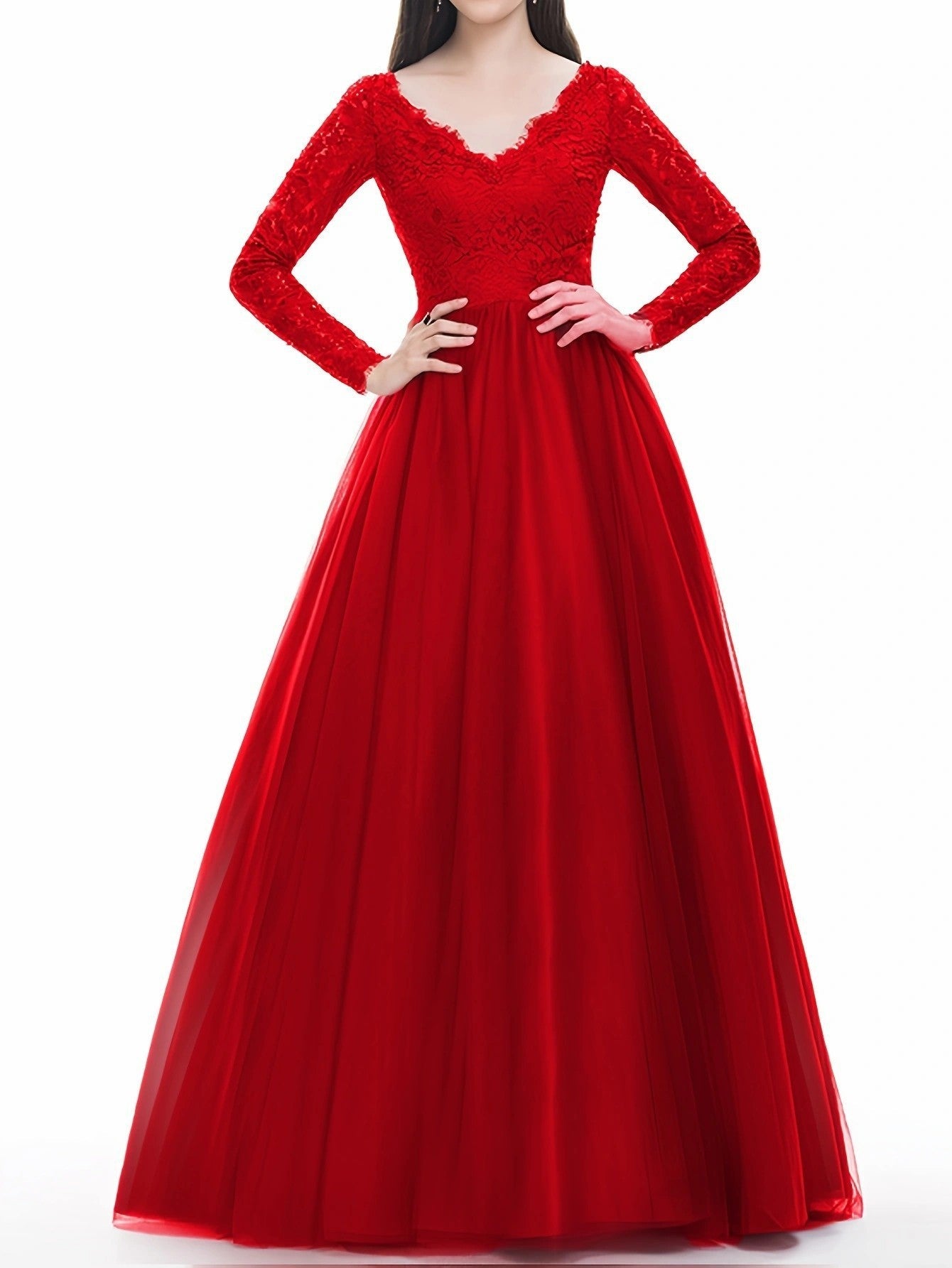 Red A-Line Maxi Dress with Lace V-Neck and Long Sleeves