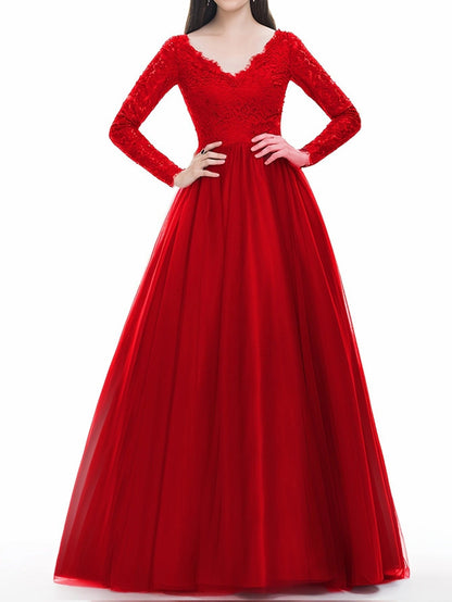 Red A-Line Maxi Dress with Lace V-Neck and Long Sleeves