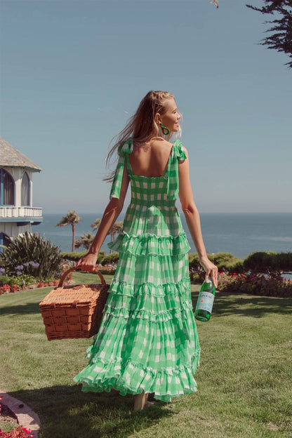Gingham Maxi Dress with Shirred Bodice and Tie Straps