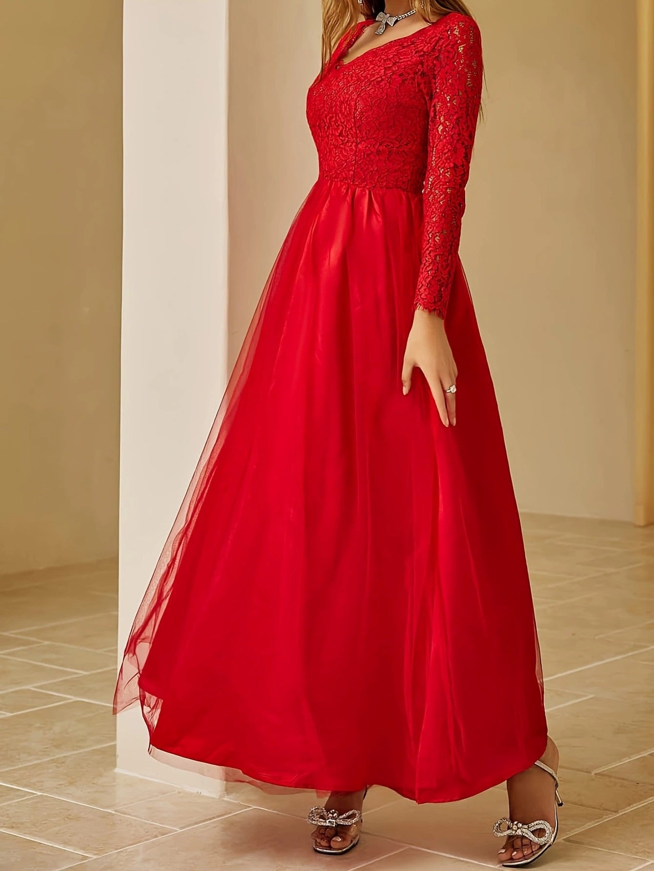 Red A-Line Maxi Dress with Lace V-Neck and Long Sleeves
