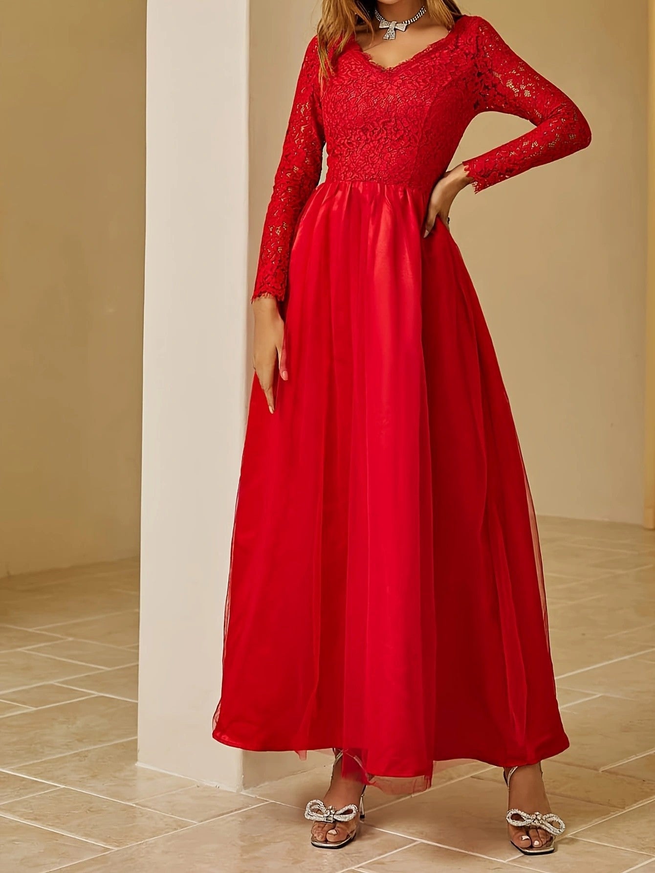 Red A-Line Maxi Dress with Lace V-Neck and Long Sleeves