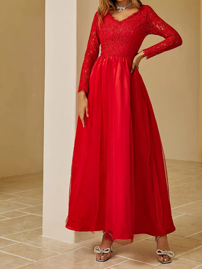 Red A-Line Maxi Dress with Lace V-Neck and Long Sleeves