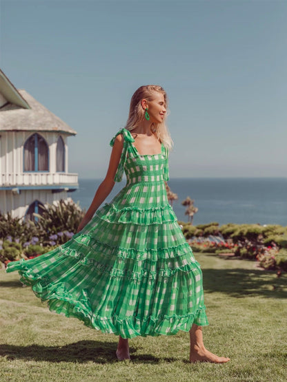 Gingham Maxi Dress with Shirred Bodice and Tie Straps