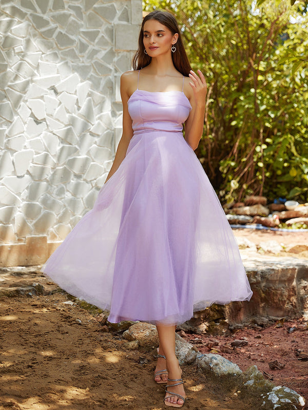 A-Line Midi Dress with Spaghetti Straps and Gauze Overlay
