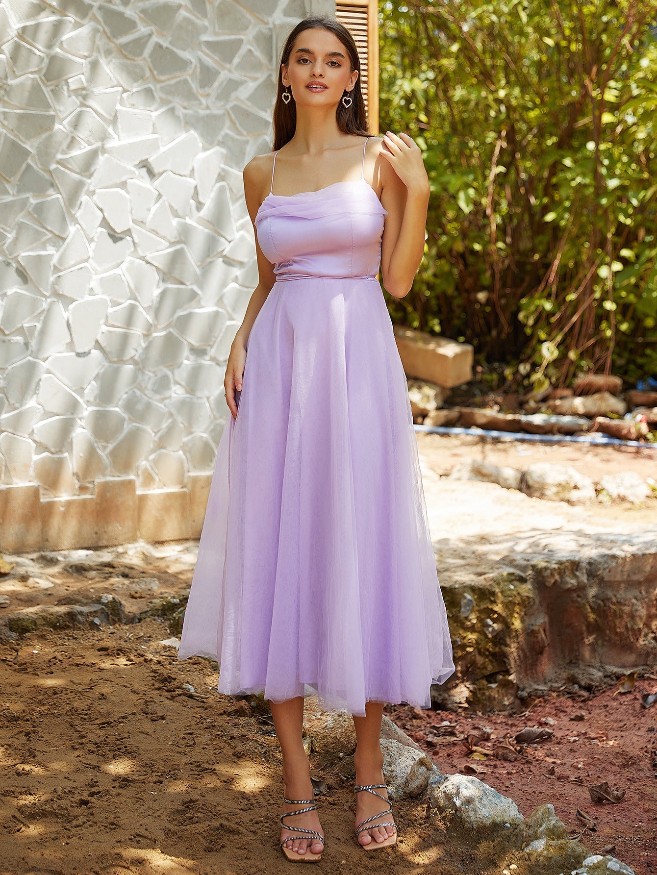 A-Line Midi Dress with Spaghetti Straps and Gauze Overlay