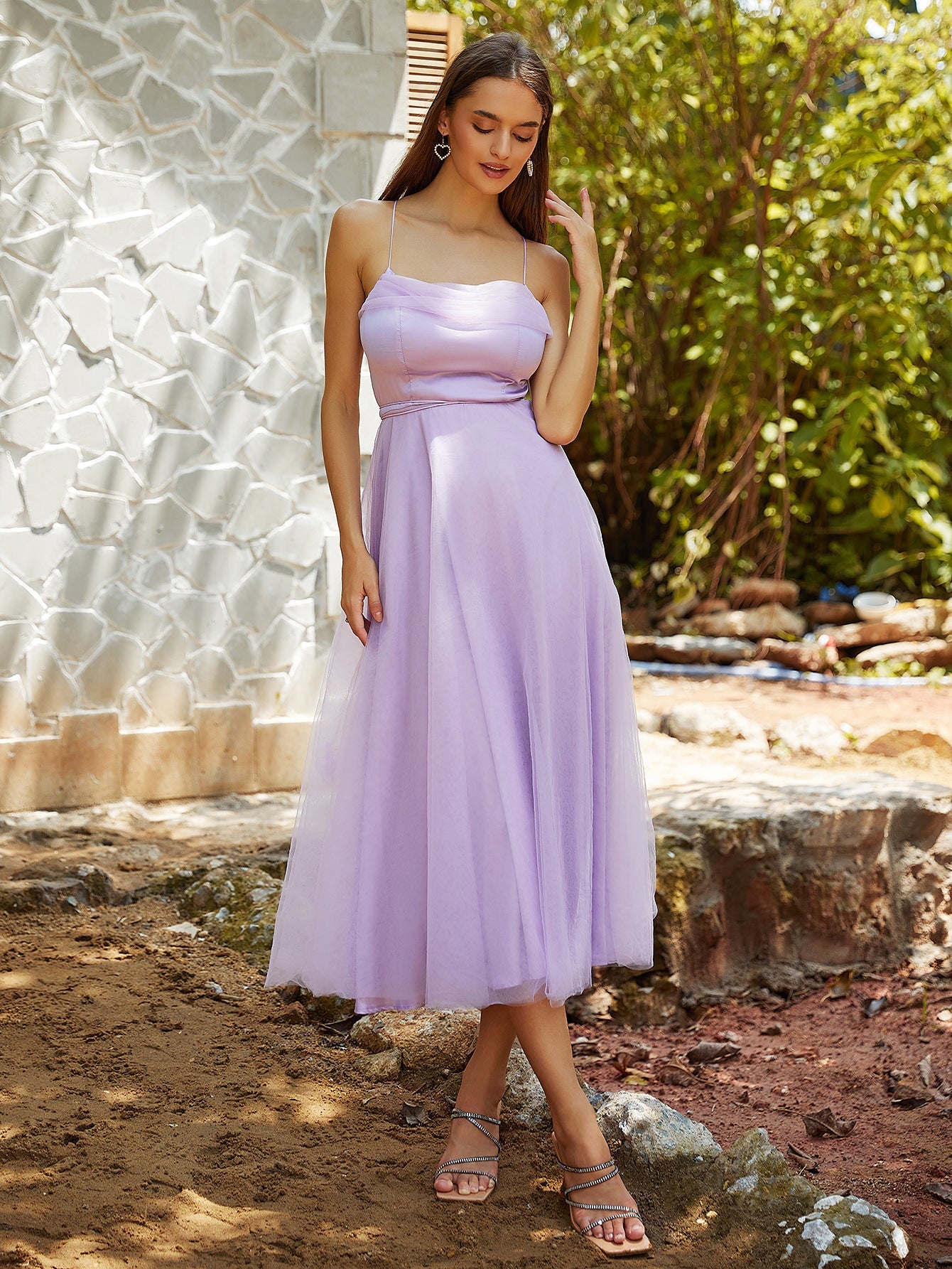 A-Line Midi Dress with Spaghetti Straps and Gauze Overlay
