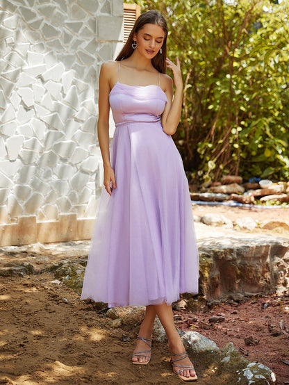 A-Line Midi Dress with Spaghetti Straps and Gauze Overlay