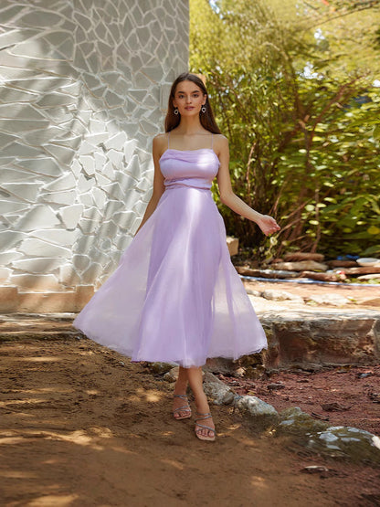 A-Line Midi Dress with Spaghetti Straps and Gauze Overlay