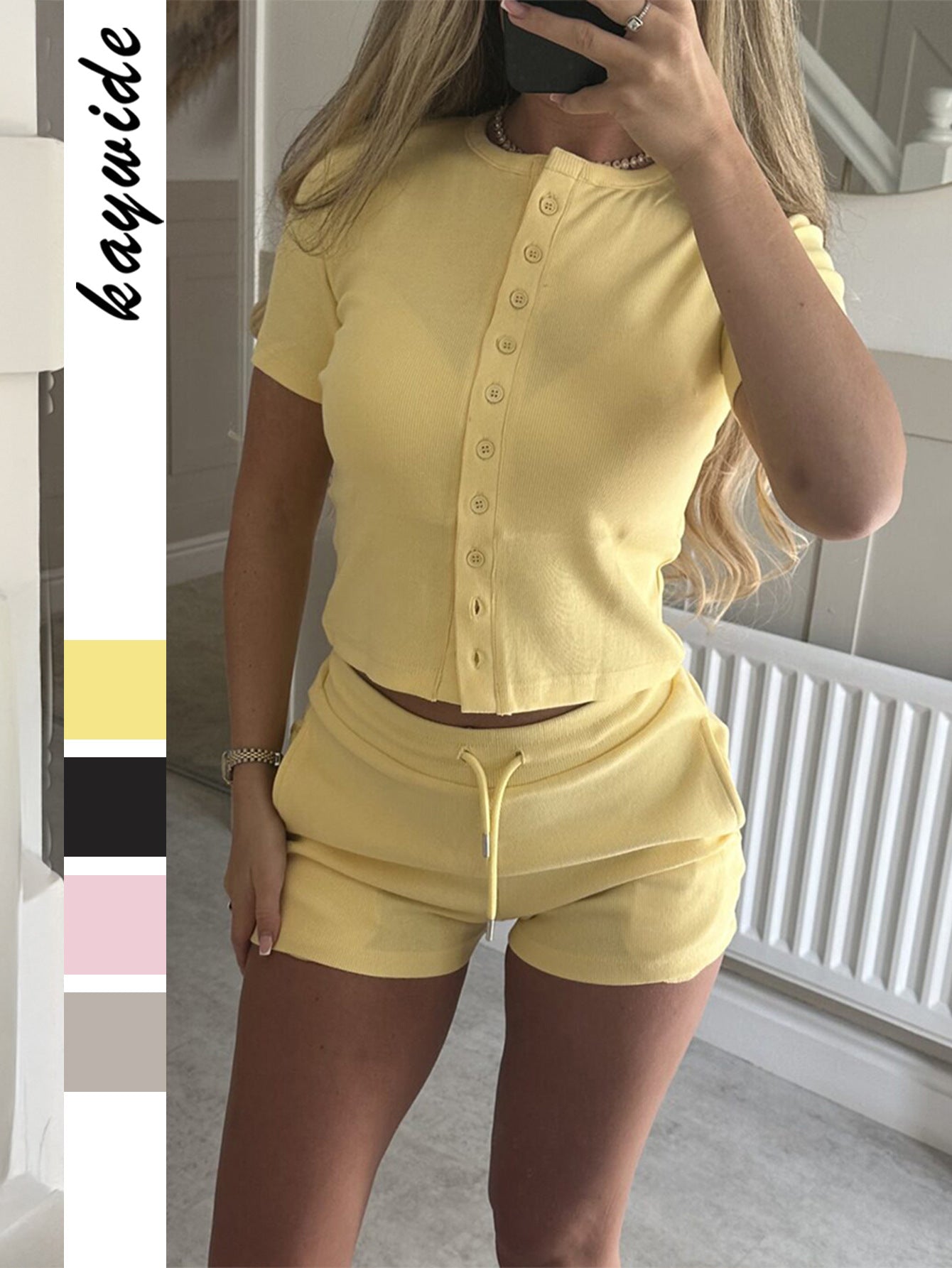 Solid Ribbed Knit Top & Shorts Set with Cropped Button Front