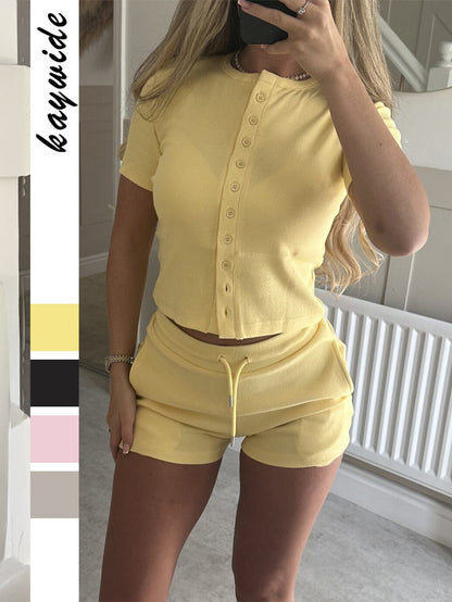 Solid Ribbed Knit Top & Shorts Set with Cropped Button Front