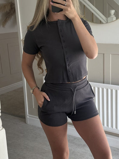 Solid Ribbed Knit Top & Shorts Set with Cropped Button Front
