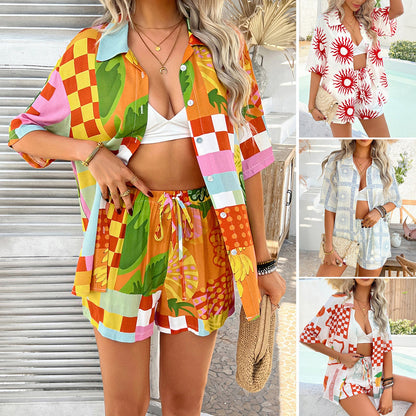 Patchwork Tropical Print Short Sleeve Shirt & Drawstring Shorts Set