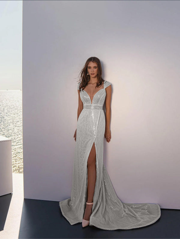 Sequined Sheath Gown with Deep V-Neck and Thigh Split