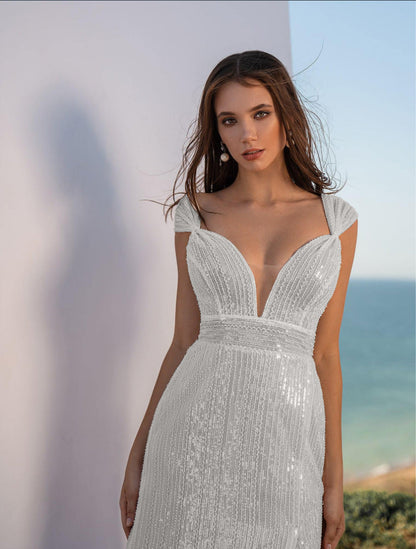 Sequined Sheath Gown with Deep V-Neck and Thigh Split