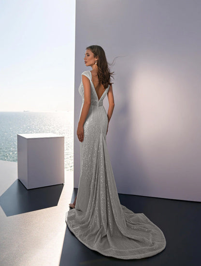 Sequined Sheath Gown with Deep V-Neck and Thigh Split
