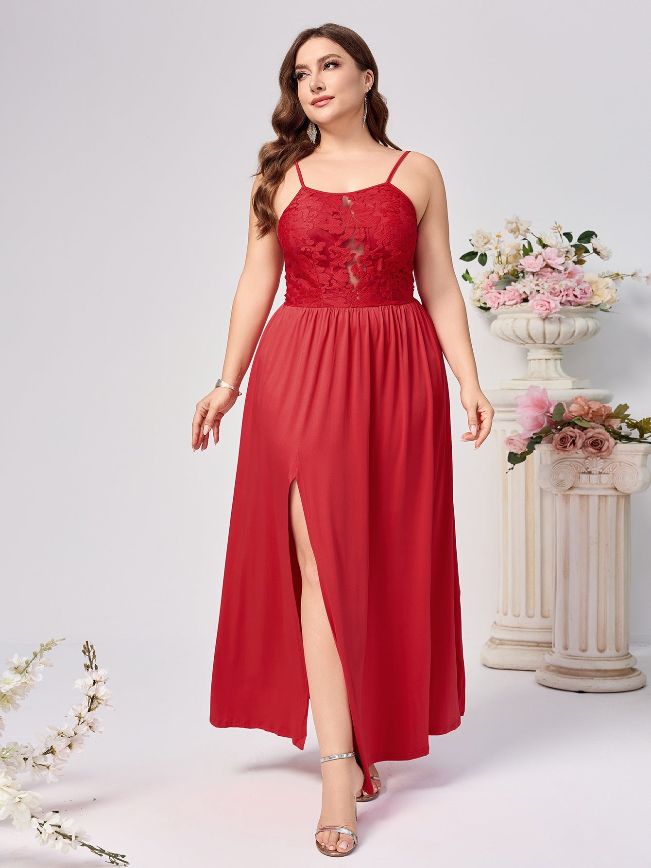 A-Line Maxi Dress with Lace Bodice and High Slit