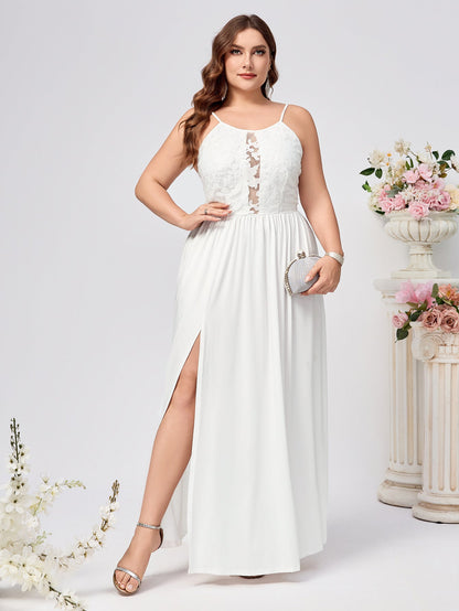 A-Line Maxi Dress with Lace Bodice and High Slit