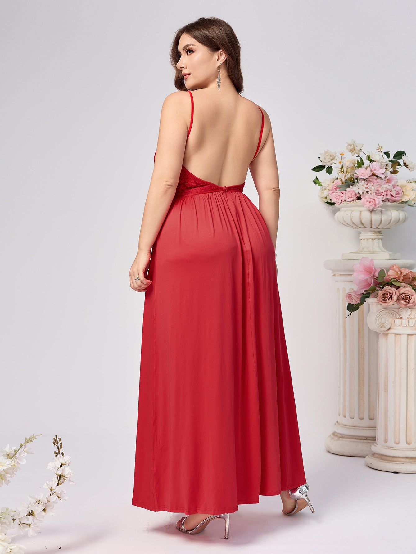 A-Line Maxi Dress with Lace Bodice and High Slit