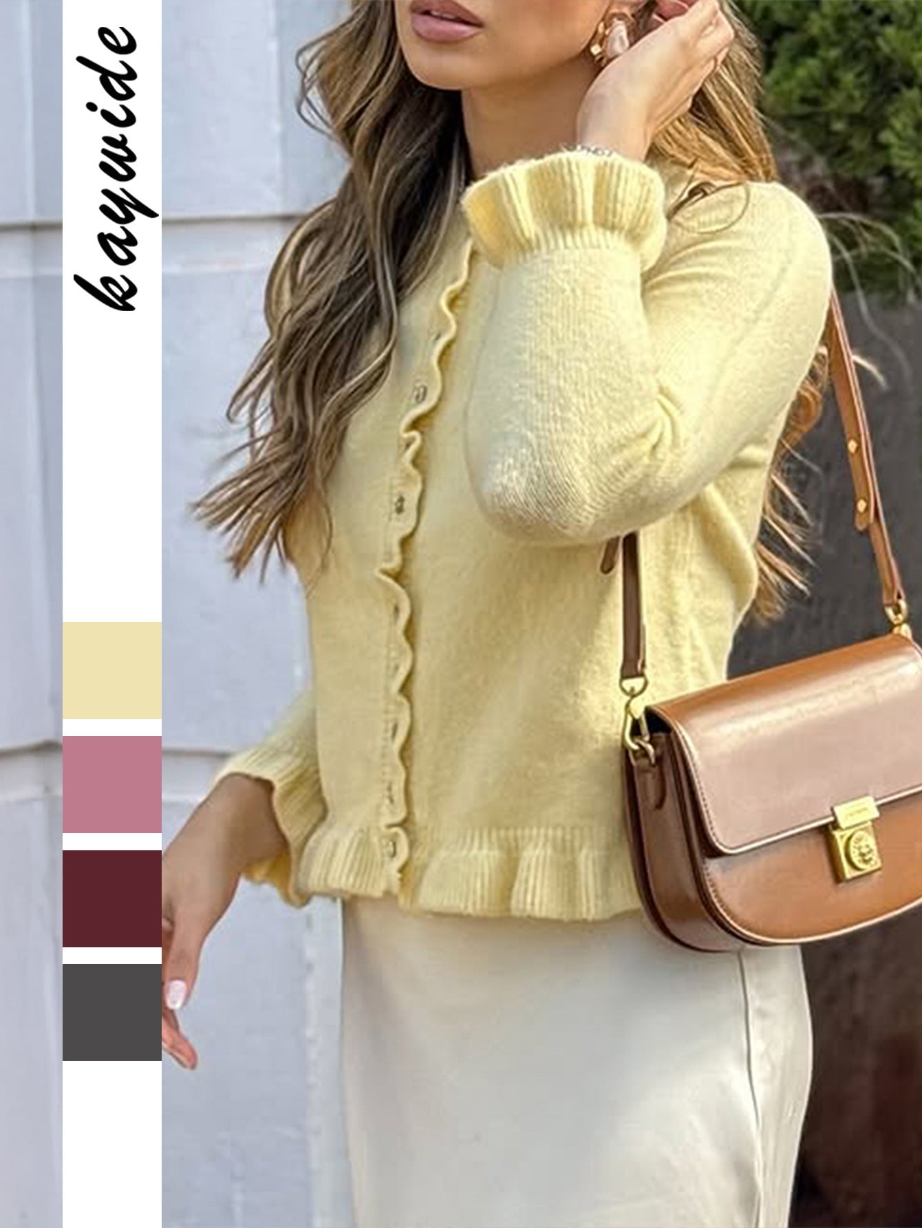 Knit Cardigan with Ruffle Trim and Round Neck