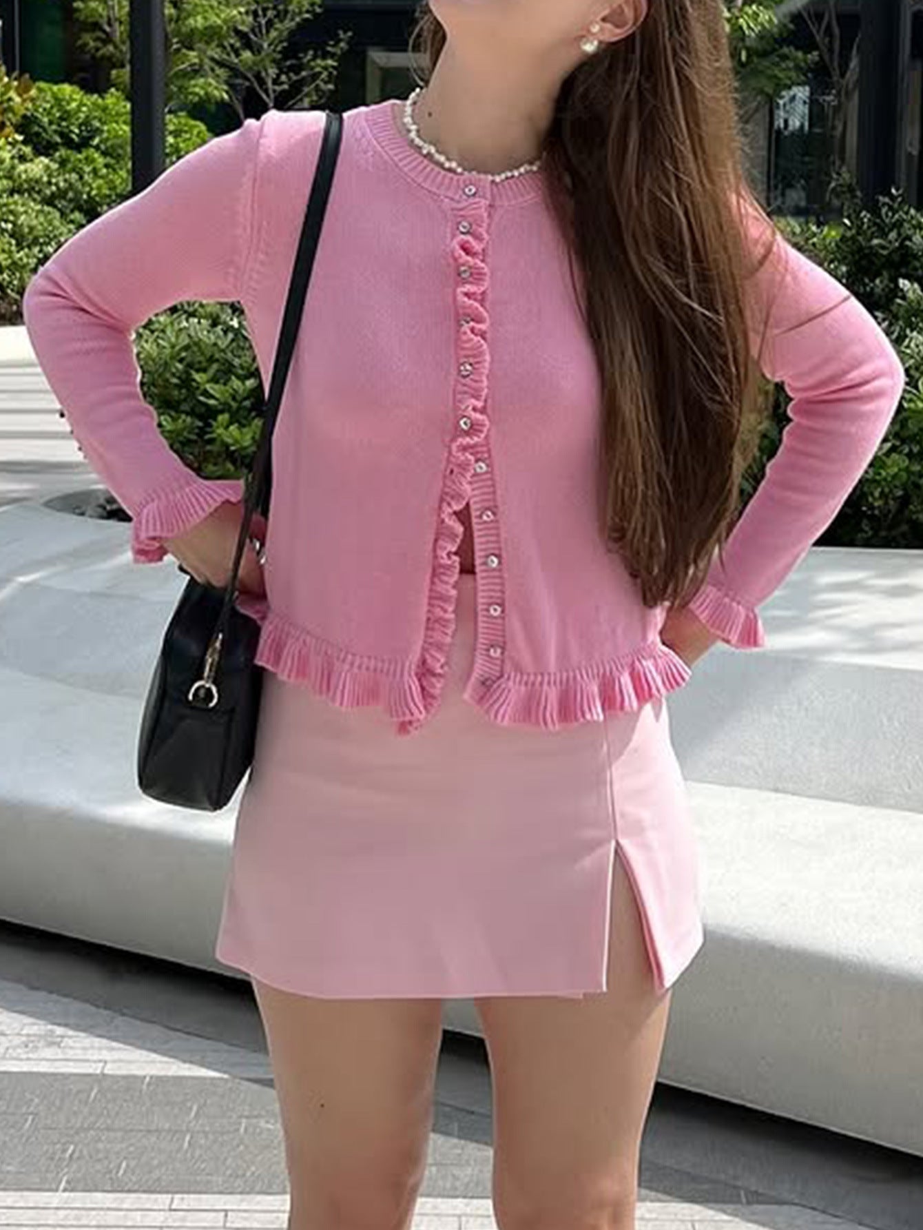 Knit Cardigan with Ruffle Trim and Round Neck