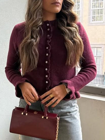 Knit Cardigan with Ruffle Trim and Round Neck