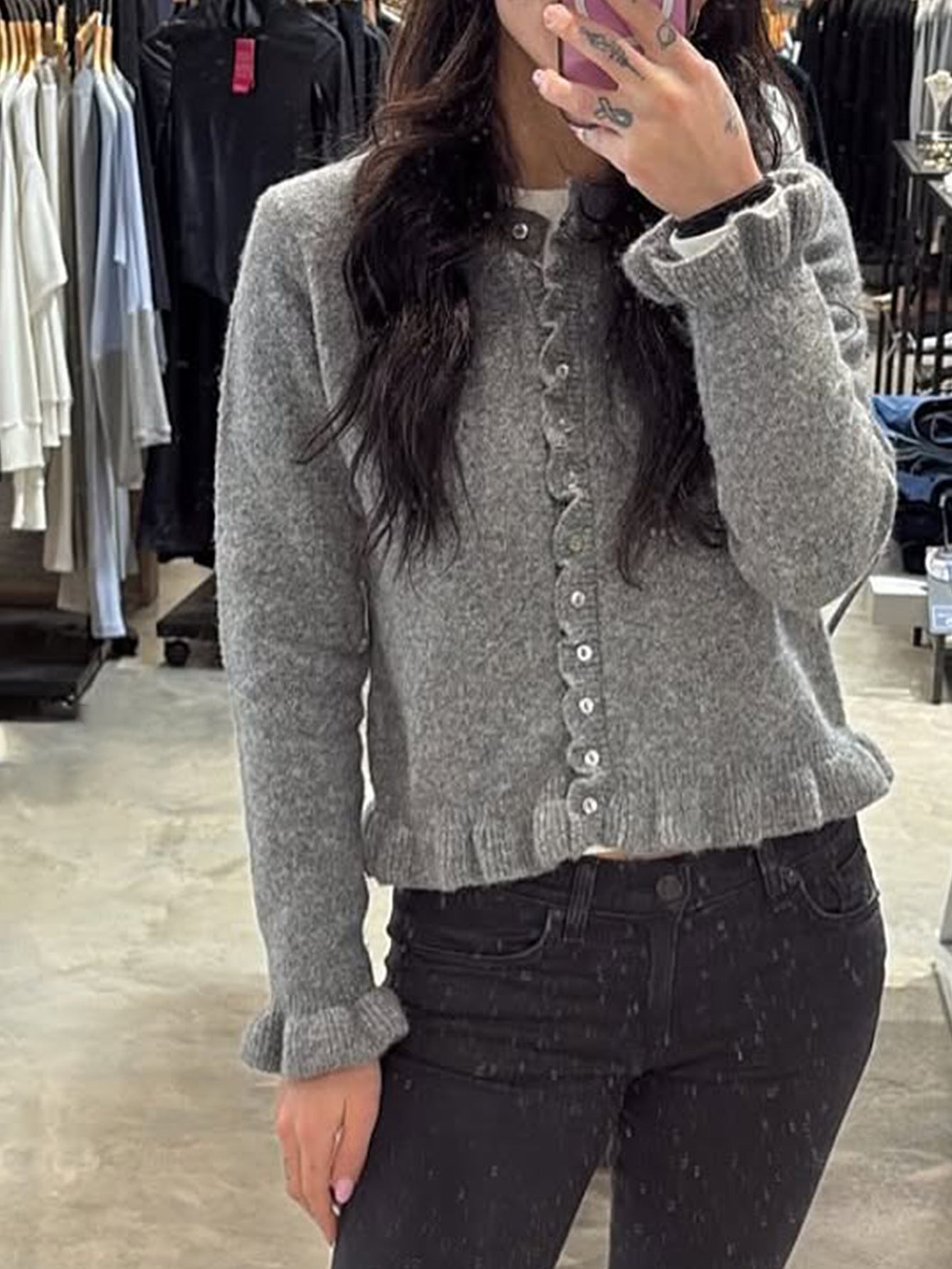 Knit Cardigan with Ruffle Trim and Round Neck