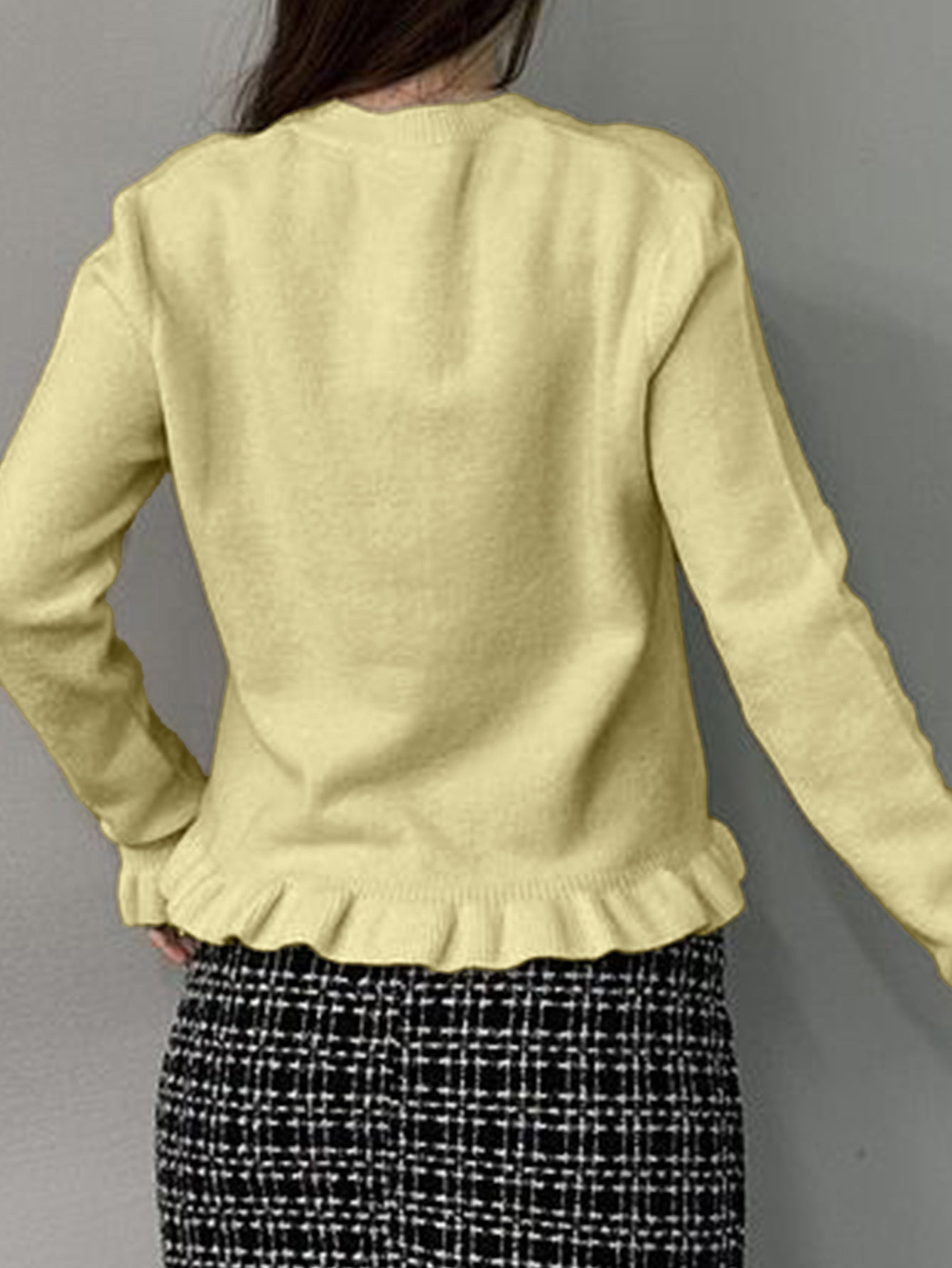 Knit Cardigan with Ruffle Trim and Round Neck