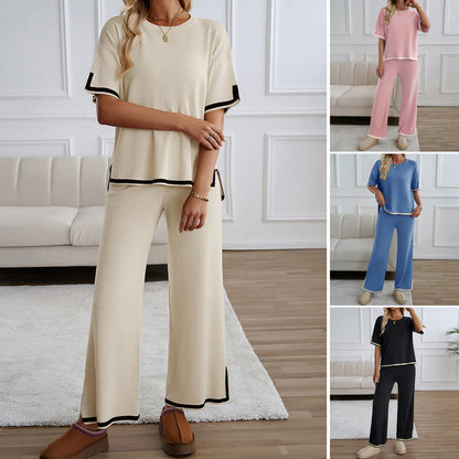 Color Block Two-Piece Set with Short-Sleeve Top and Wide-Leg Pants