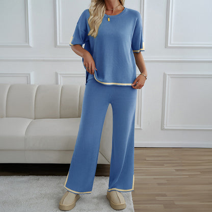 Color Block Two-Piece Set with Short-Sleeve Top and Wide-Leg Pants