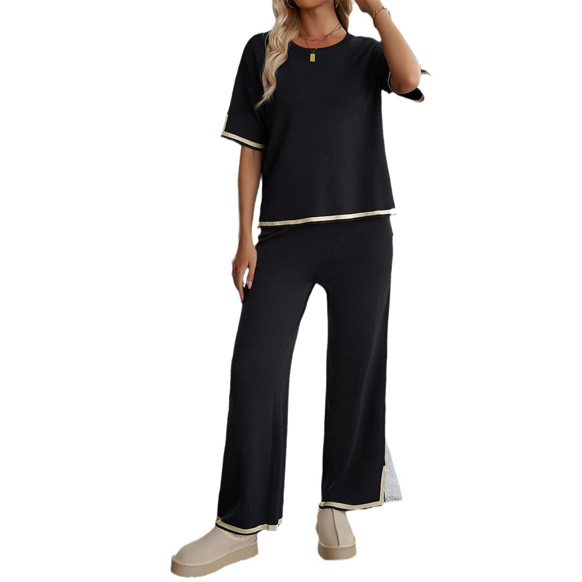 Color Block Two-Piece Set with Short-Sleeve Top and Wide-Leg Pants