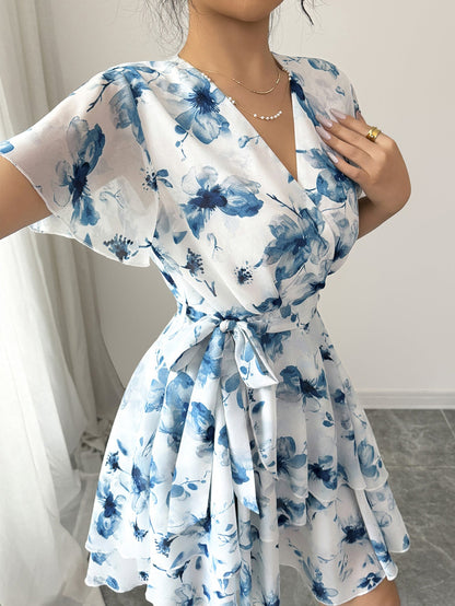 Floral Wrap Mini Dress with Tiered Skirt