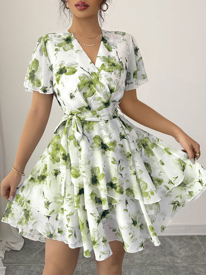 Floral Wrap Mini Dress with Tiered Skirt
