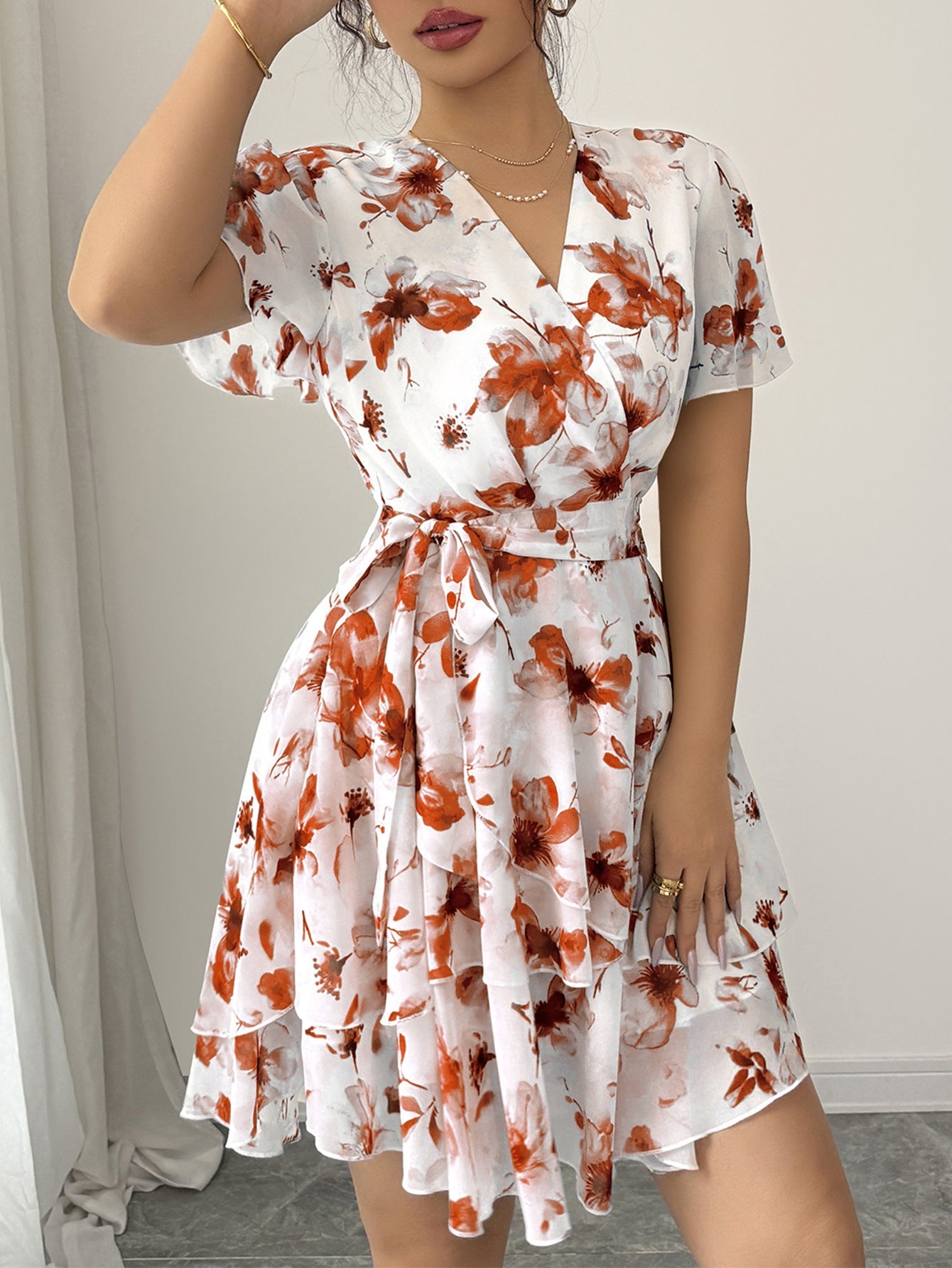 Floral Wrap Mini Dress with Tiered Skirt