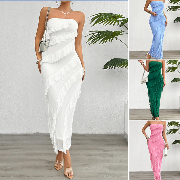 Solid Bodycon Maxi Dress with Tube Top and Cascading Ruffles