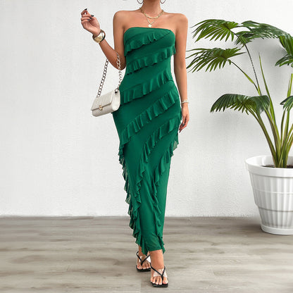 Solid Bodycon Maxi Dress with Tube Top and Cascading Ruffles