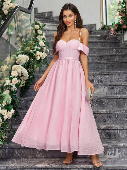 A-Line Maxi Dress with Sweetheart Bustier and Off-Shoulder Sleeves