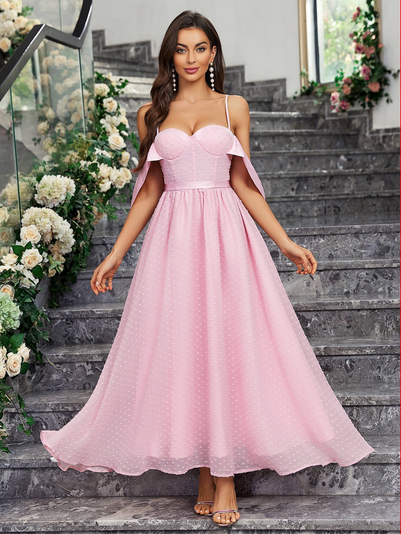 A-Line Maxi Dress with Sweetheart Bustier and Off-Shoulder Sleeves