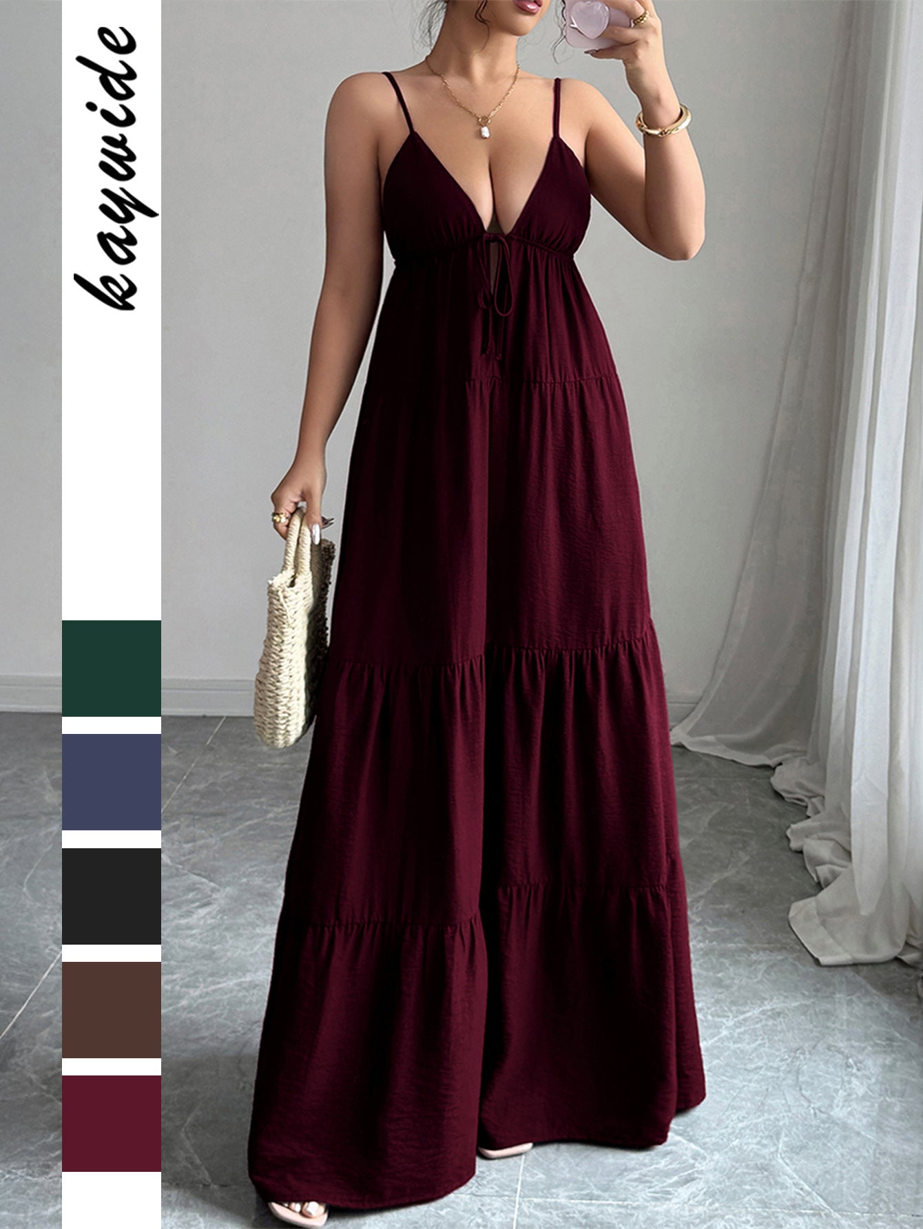 Spaghetti Strap Maxi Dress with Tie-Front V-Neck and Tiered Skirt