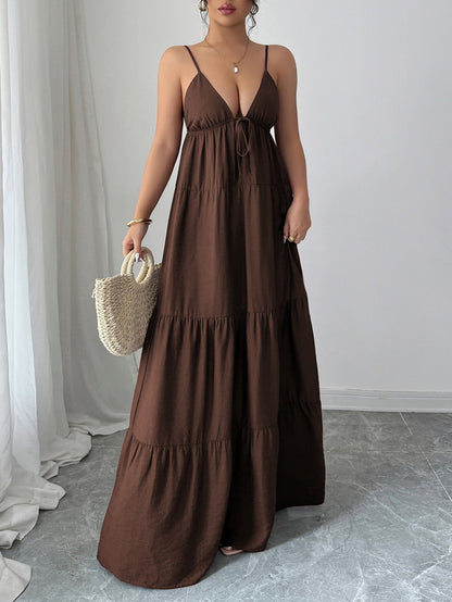 Spaghetti Strap Maxi Dress with Tie-Front V-Neck and Tiered Skirt