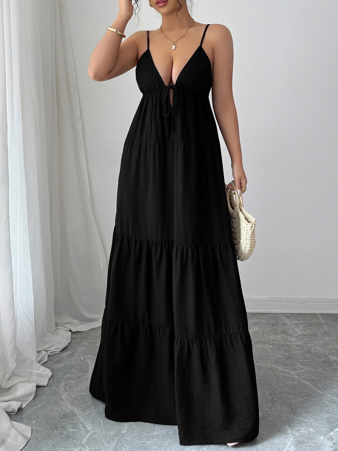 Spaghetti Strap Maxi Dress with Tie-Front V-Neck and Tiered Skirt